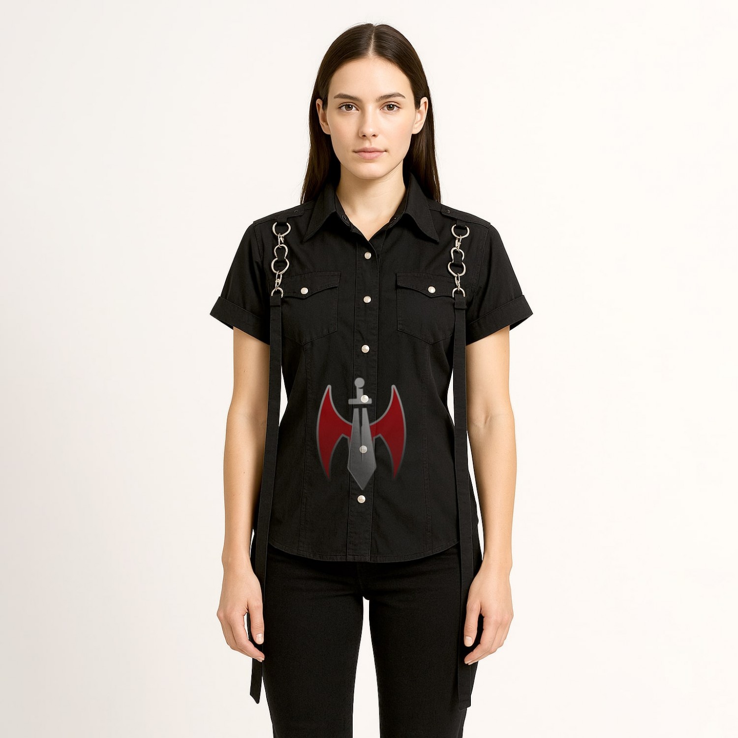 Women’s Gothic Black Shirt with Metal Ring Strap Detailing